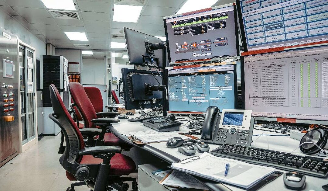 A desk where a CCTV monitoring station operator works